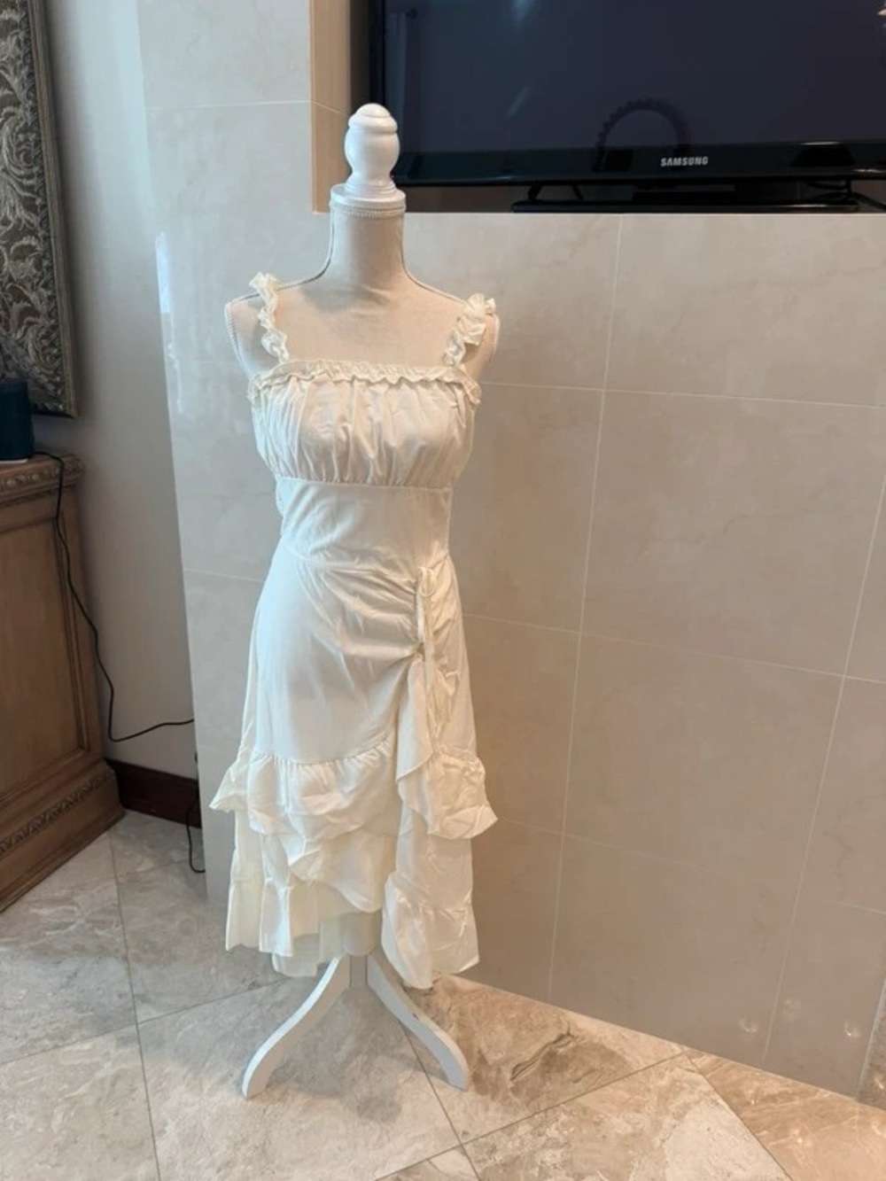 Cream Ruffle Tiered Maxi Dress with Smocked Bodice